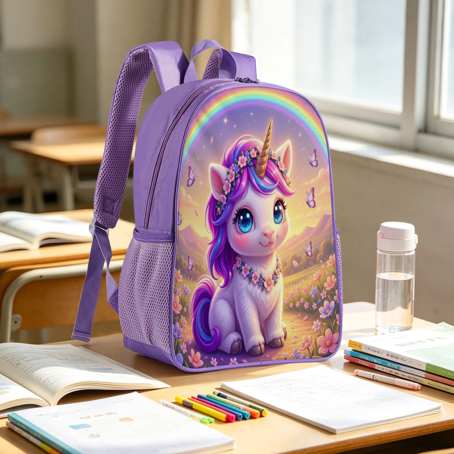 Cute Purple Unicorn Backpack Lightweight School Bookbag with Rainbow Flower Butterfly Print Adjustable Padded Straps Travel