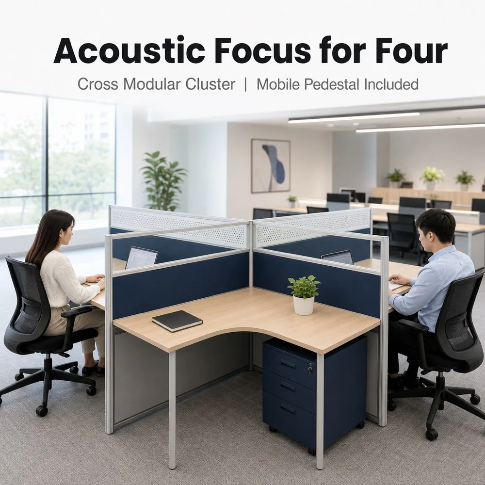 Modular Office Workstations Working Station System Shared Office Desk 4 Person With Partition Panels And Cable Tray
