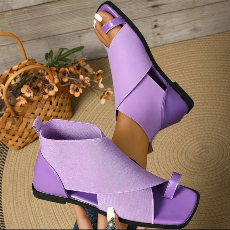 Women Square Toe Gladiator Sandals Elastic Strap Wrap Around Ankle Flat Sandals Toe Loop Summer Beach Comfortable Walking Shoes