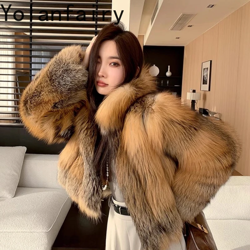 YOLANFAIRY Autumn and Winter Whole fox fur female stand collar Short-Length commuting original color fur coat шуба женская 2025