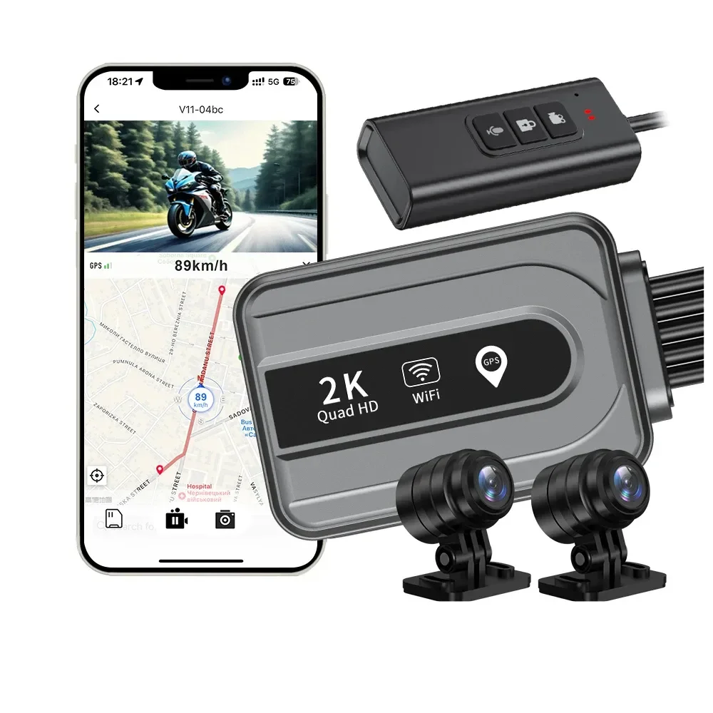 Motorcycle 2K Dual Dash Cam Front Rear 155° Wide Angle WiFi GPS Waterproof IP67 Wired Controller Auto Recording for Riding