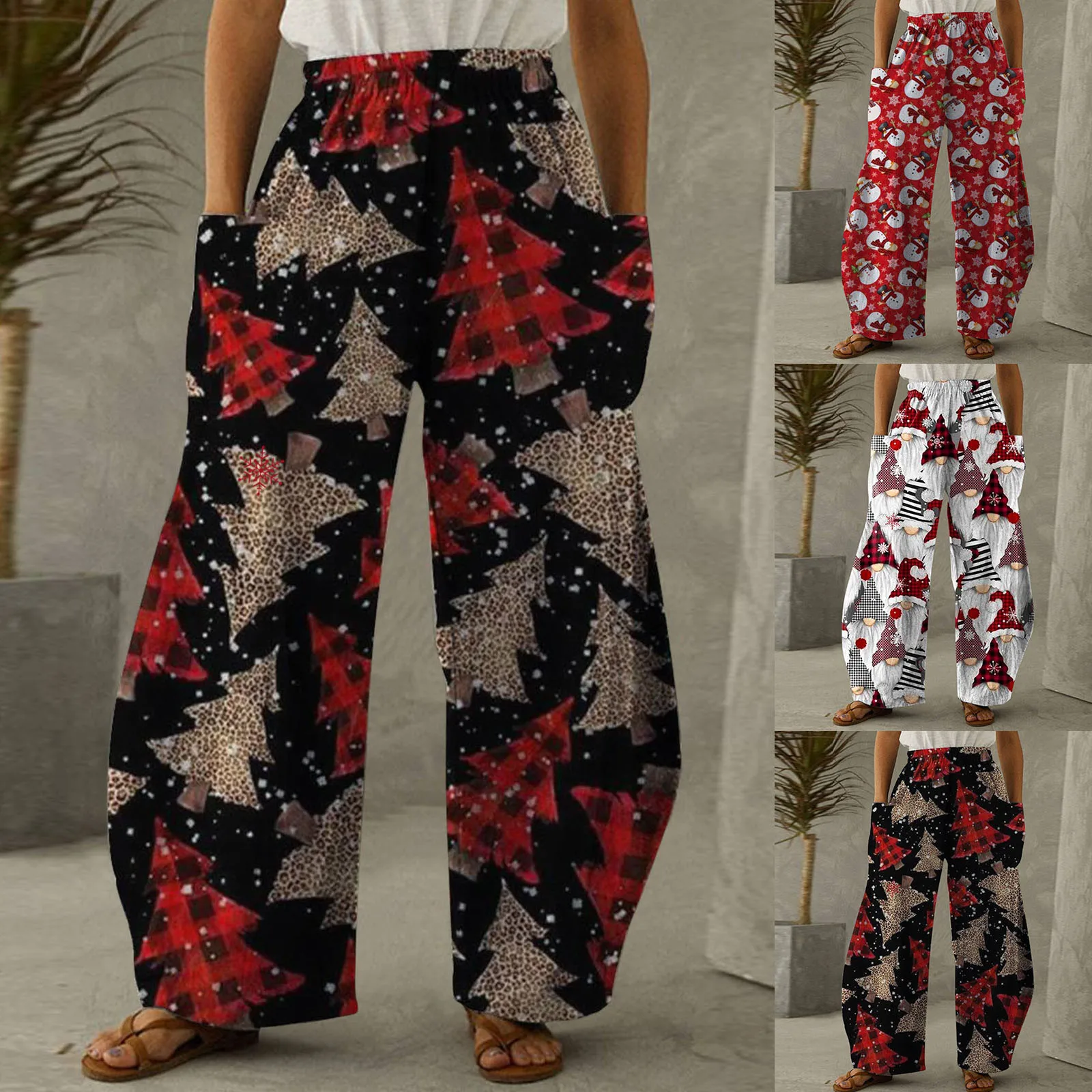 Pantalones de chándal con estampado navideño para mujer, Pantalones de pierna ancha, rectos, con estampado de reno, alce, Año Nuevo