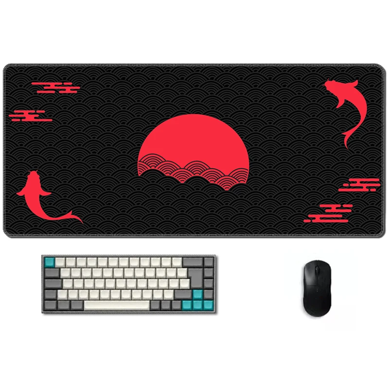 

Black & Red Large Gamer Mouse Pad 900x400 Koi Fish Sun Cloud Japan Art Seal Sunrise Deskmat Pc Cabinet Mechanical Keyboard Mat