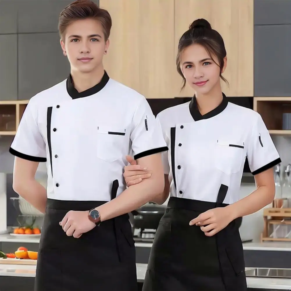 Chef unissex de manga curta, uniforme de bolsos no peito, roupas de cozinha respiráveis, roupas de cozinha, roupas de garçom, homens e mulheres