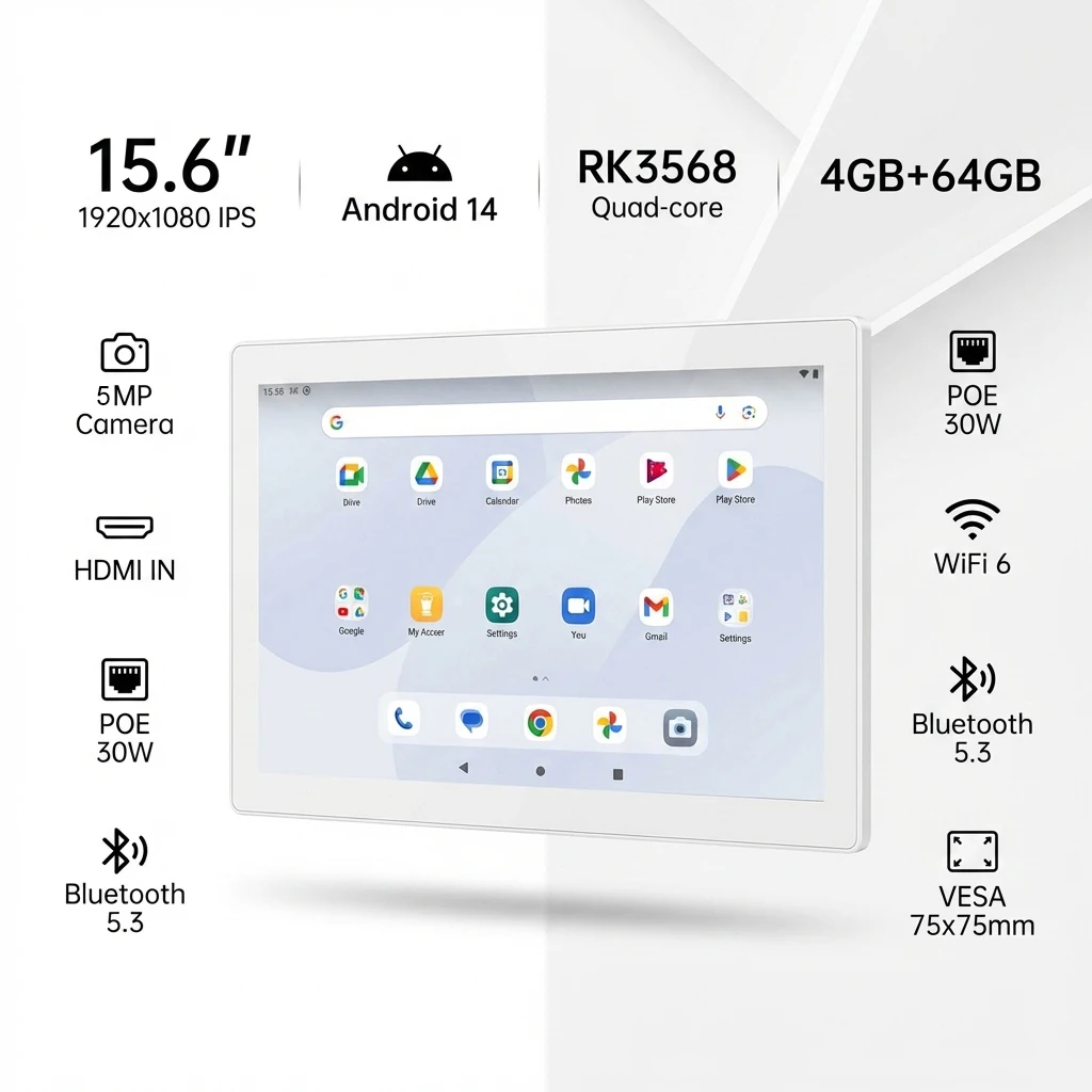 

Новый Android 14 с POE 15,6-дюймовый настенный сенсорный экран 1920*1080 IPS HDMI Входной дисплей 8-мегапиксельная камера Digital Signage