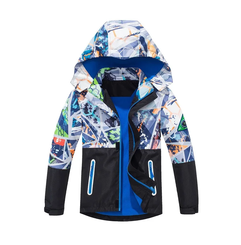 Boys Patchwork Waterproof Fleece Lined Detachable Hood Zip Hiking Jacket School Kids Track Coat Children Work Windbreaker