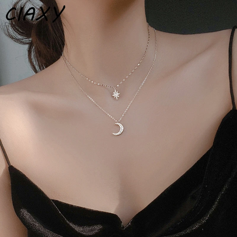 CIAXY Silver Color Double Star Pendant Moon Necklace for Women Small Fresh Zircon Choker Clavicle Chain  Jewelry