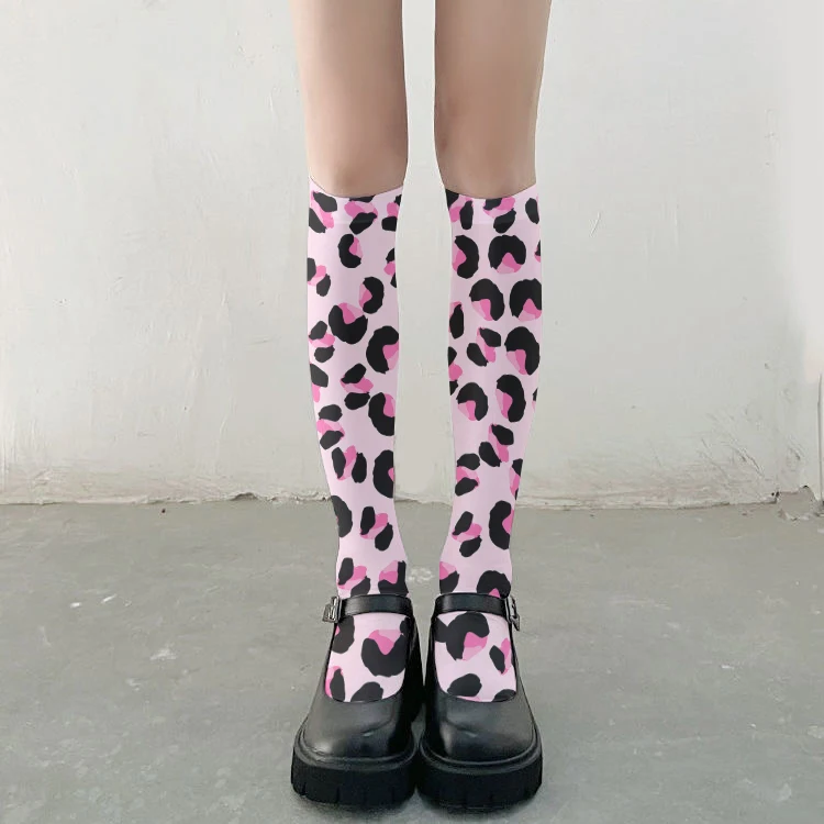 Medias por encima de la rodilla para mujer, calcetines de pantorrilla con textura de Animal de leopardo, dibujos animados, Cosplay bidimensional,