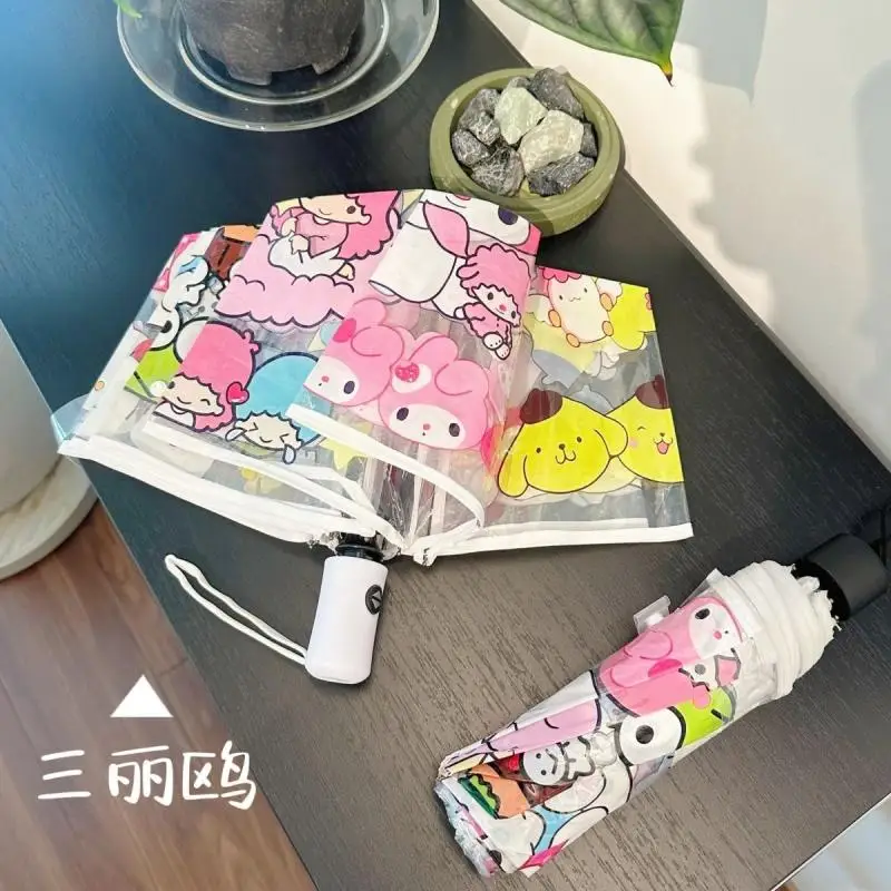 

Sanrio Hello Kitty Kuromi Anime Kawaii Transparent Umbrella Cute Cartoon My Melody Folding Automatic Umbrella Gifts for Kids