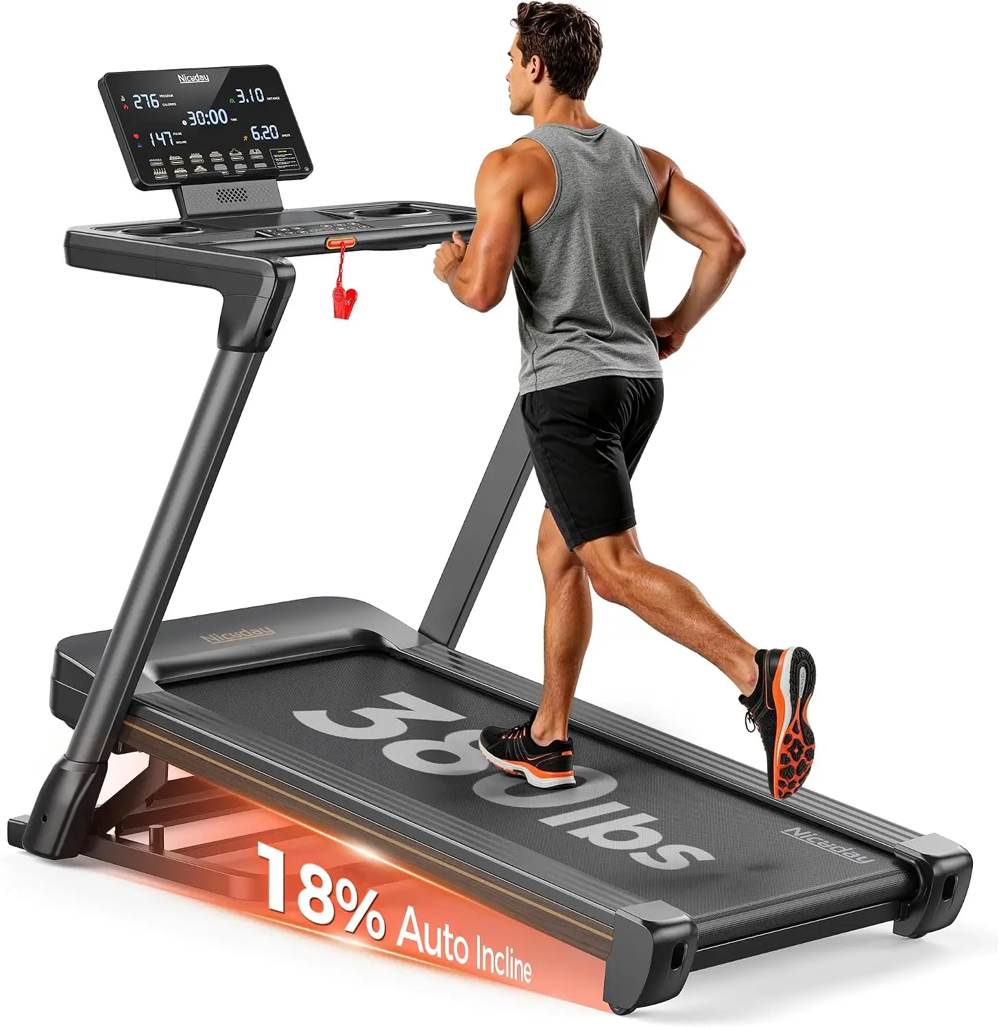 Caminadora Inclinada Niceday TM2 con Inclinación Automática del 18%, Caminadora Plegable con Cinta Ancha y Manijas para el Hogar, Capacidad de 380 Libras, Máquina para Correr en Interiores de 0.6-8.7 MPH para Gimnasio en Casa, Motor Silencioso sin Escobillas de 3.0 HP