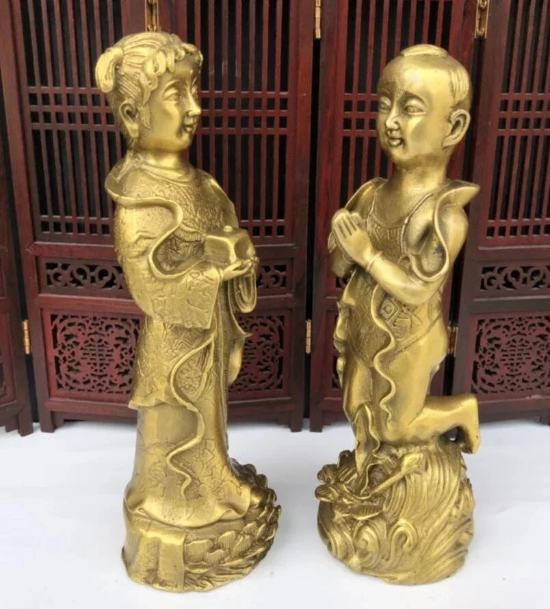 Seiko brass Golden boy and jade girl crafts statue A pair