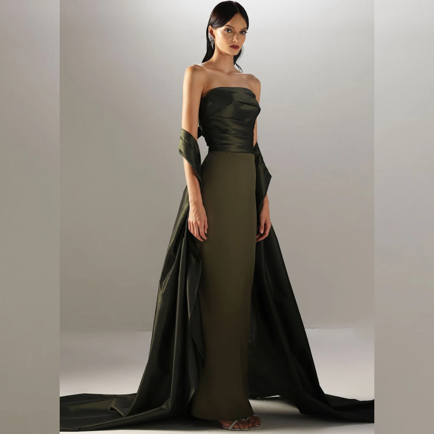Remote Moon Green Strapless Satin Evening Dress with Draped Train Mermaid Floor-Length Wedding Guest Prom Gowns MN633 Customized