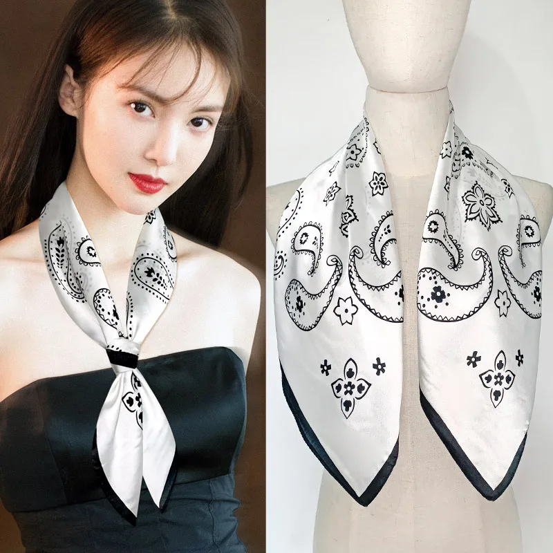 

Роскошный белый шелковый квадратный шарф для волос, женский атласный галстук на шею, платок на запястье, летняя шаль с принтом, платок на голову, хиджаб, бандана
