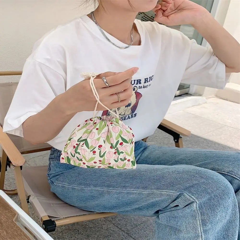 Fresh Canvas Drawstring Storage Bag Portable Drawstring Purse Tulip Mouth Storage Bag Girl