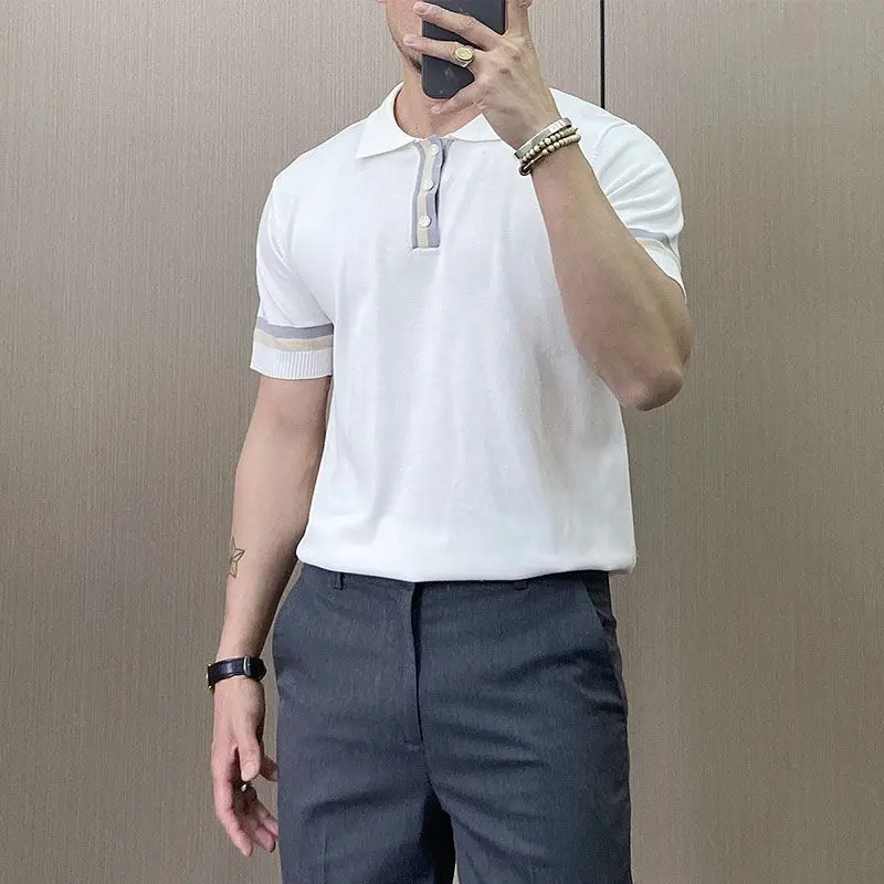 

Men 2023 Summer Fashion Thin Striped Knitted T-shirts Male Lapel Short-sleeved T-shirt Men's Slim Fit Casual Polo Shirt D34