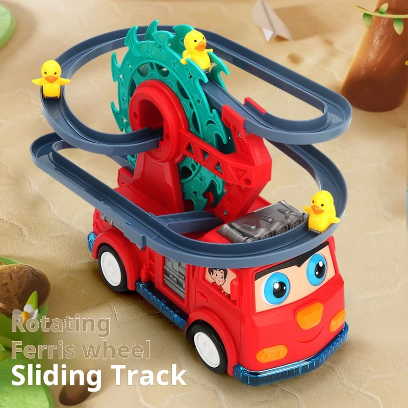 Children Electric Universal Track Fire Truck Duck Slide Track Ferris Wheel Fire Truck With Lights And Music Toy Car