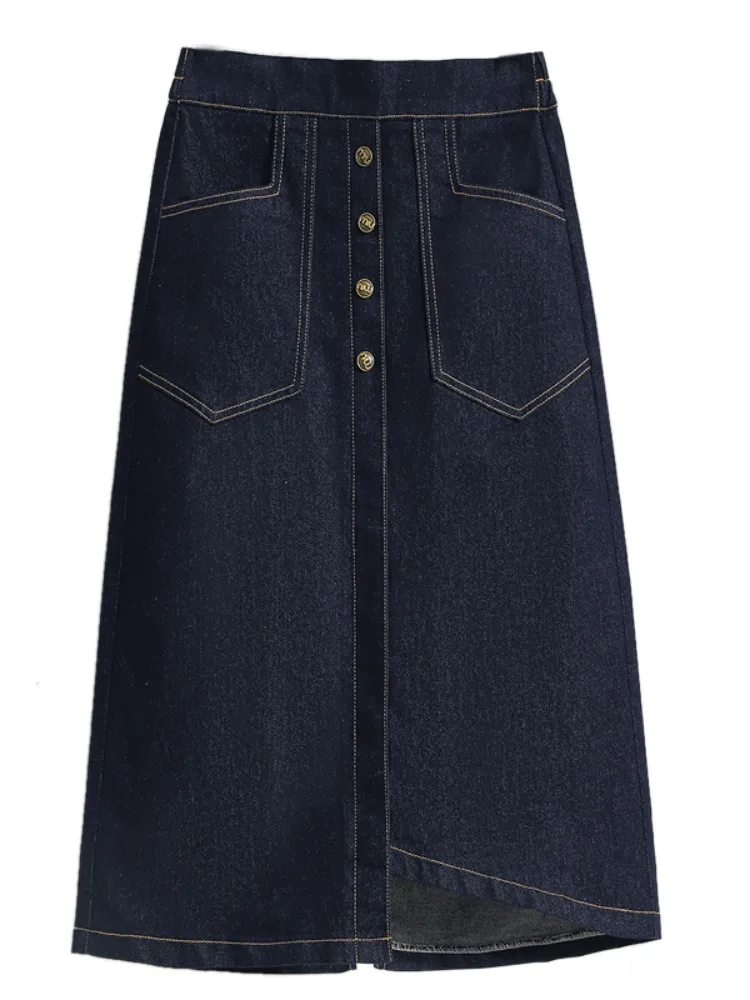 تنورة دينم مرنة باللون الأزرق الداكن بخصر عالٍ على شكل حرف A تنانير صيفية نسائية غير رسمية بخصر عالٍ مزيج من القطن العتيق #5