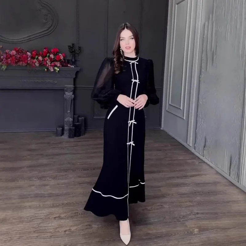 秋の新作リボン飾り付き白黒パッチワークエレガントハーフハイカラーロングドレス
