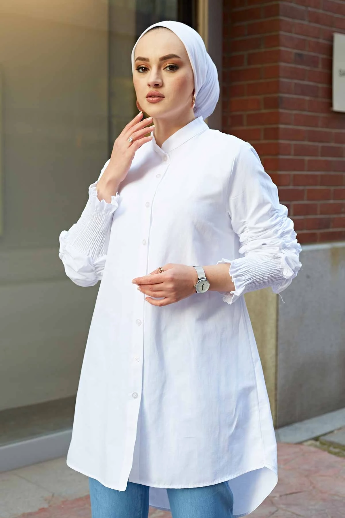 Sleeve Büzgülü Poplin Shirt TH-White