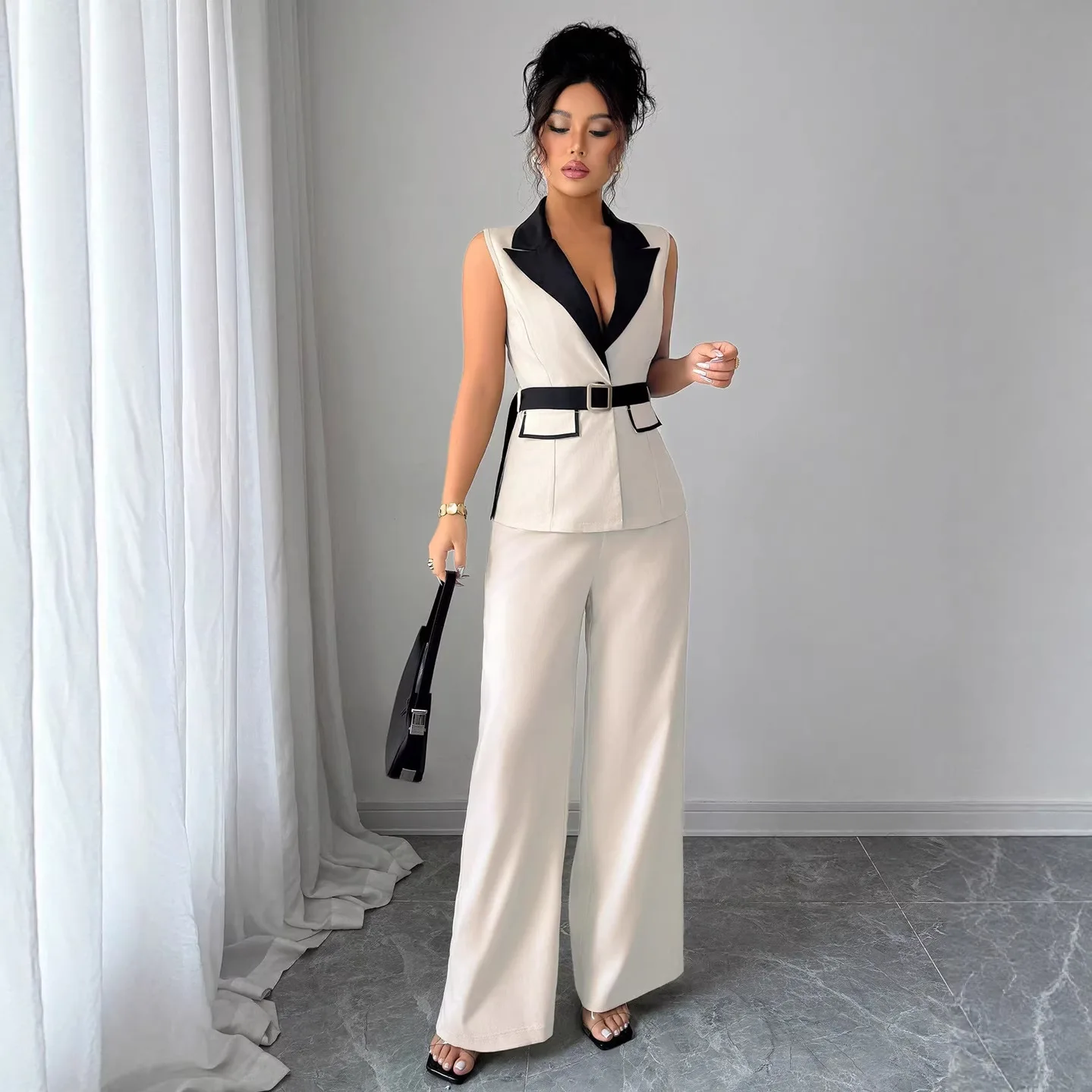 Sleeveless Belt Vest Suits and Full Length Pants 2 Piece Sets Office Lady Sets Elegant Style Straight Leg Pants Women's Outfits