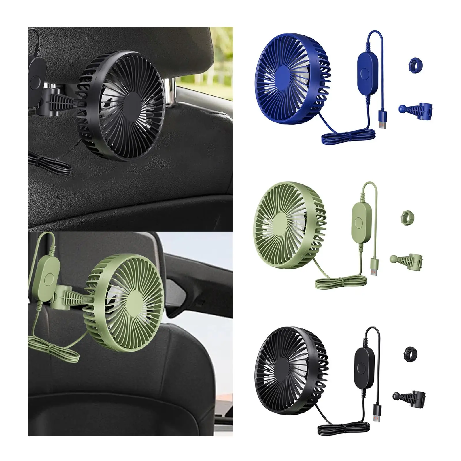 USB Car Fan Backseat Portable 3 Speed Adjustable for Sedan Van Home