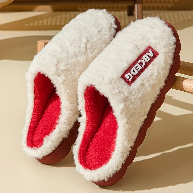 Couple's Thick Sole Warm Cotton Slippers Women Winter Plush Household Shoes Woman Plus Size 36-45 Fleece-Lined Non-Slip Slippers