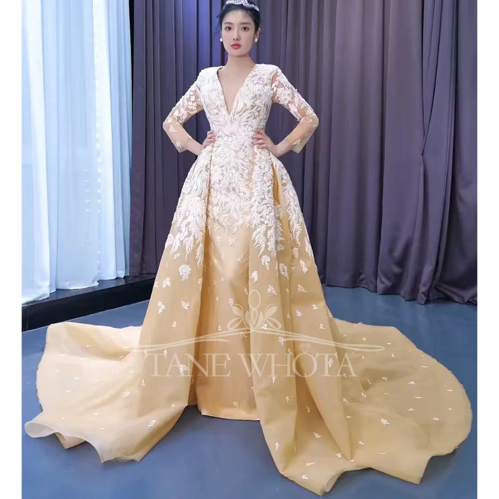 

Женское вечернее платье с v-образным вырезом и длинными рукавами, со съемным шлейфом, на шнуровке сзади, вышивкой, настраиваемое платье