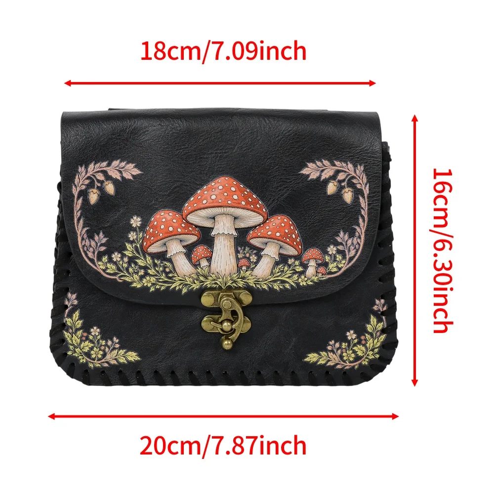 1 Piece Red Mushroom Print PU Waist Bag Medieval Renaissance Style, Distressed Faux Leather Flip Coin Pouch with Wide Belt, Mini - view 2