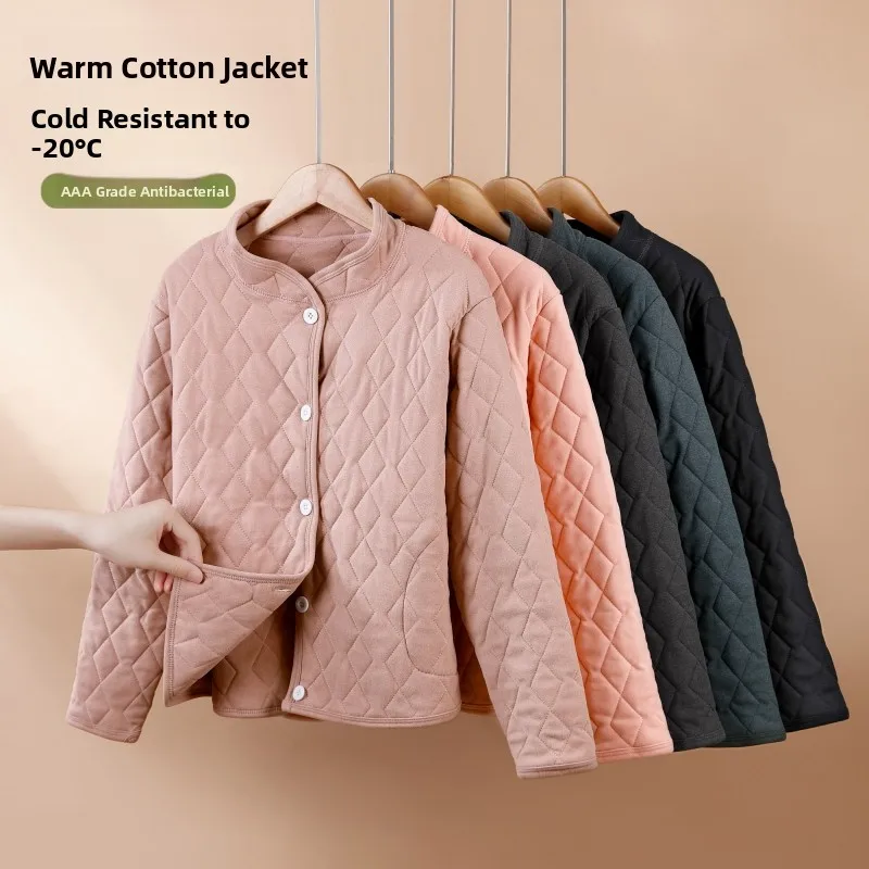 

Thickened Single-Button Long-Sleeve Cotton Jacket Women's Mommy Style Loose Fit Large Size Interlined Outerwear for Autumn Wi...