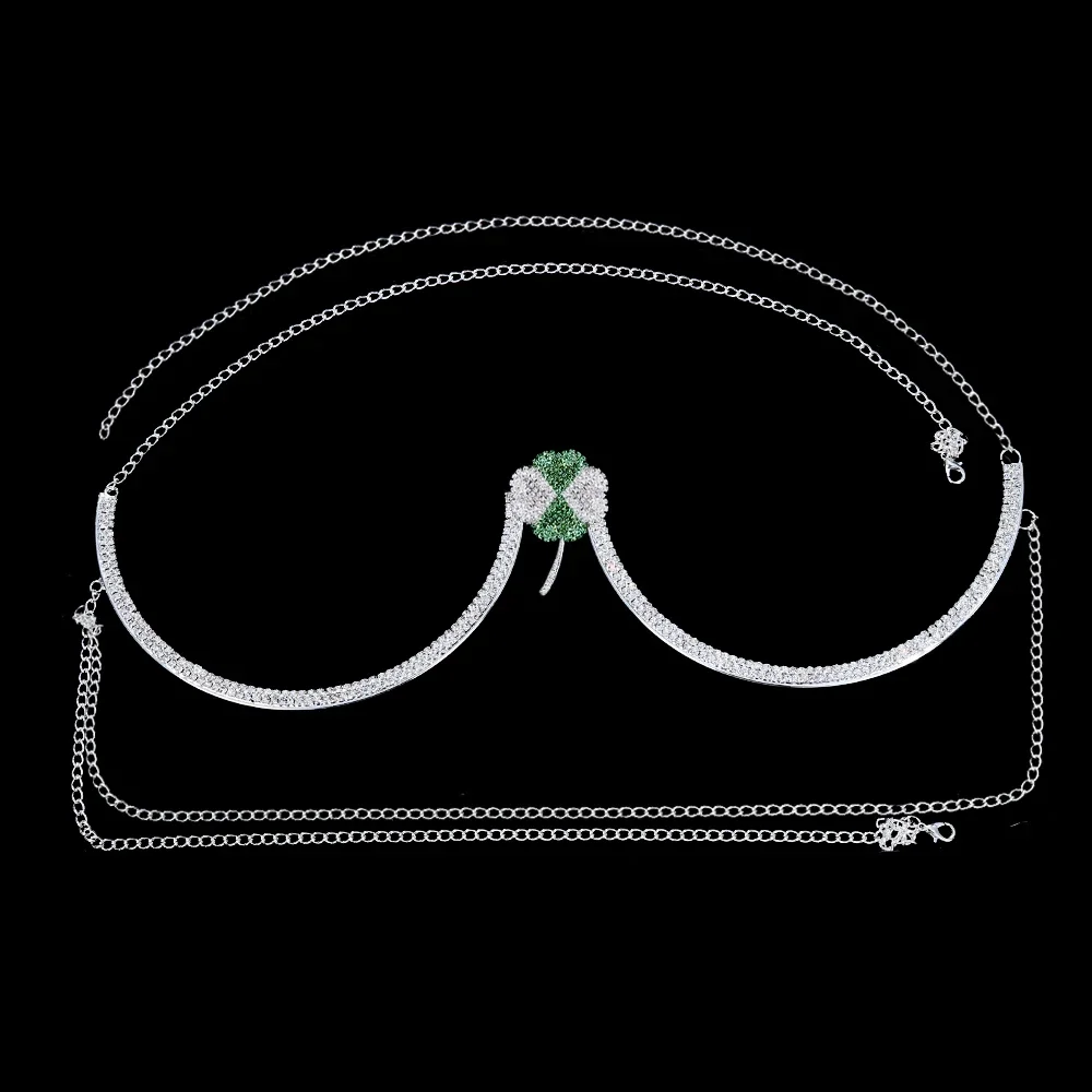 2024 Lucky Four Leaf Clover Crystal Chest Bracket Metal Body Jewelry Women Sexy Rhinestone Bra Chain Chest Bikini Accessories