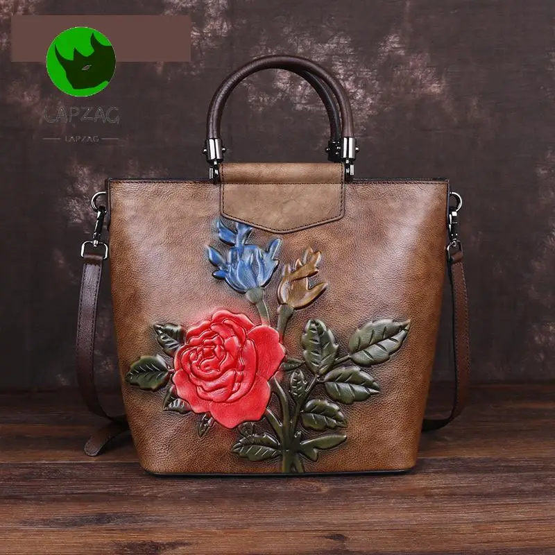 Lapzag High quality 100% real Cowhide Women Embossed Tote bags big Luxury Floral Handbags Genuine Leather Shoulder Bag for girls