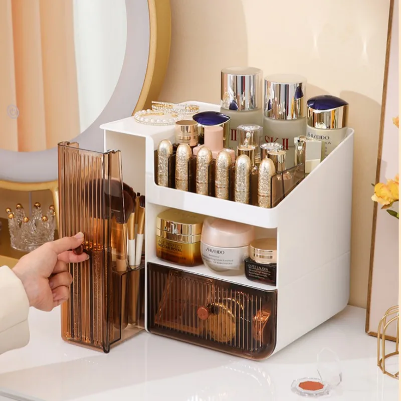 

Makeup Organizer Box Large Capacity With Lipstick Jewelry Storage Cosmetic Brush Cotton Pads Beauty Sponge Holder Table Shelf