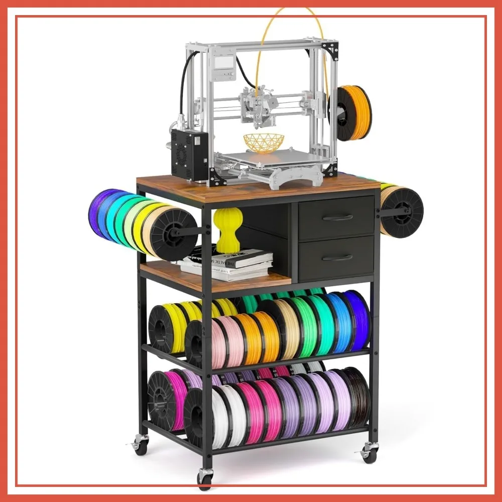 3D Printer Stand with Filaments Storage, Rolling Table with Drawer and Lockable Wheels, Heavy Duty Spool Organizer for Workshop