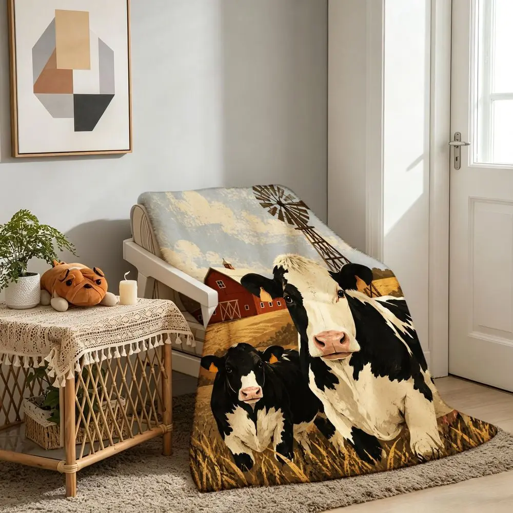 1pc Farm Pastoral Scene Throw Blanket, Holstein Cow Red Barn Windmill Golden Field Decor Blanket for Bedroom,  Travel, Camping
