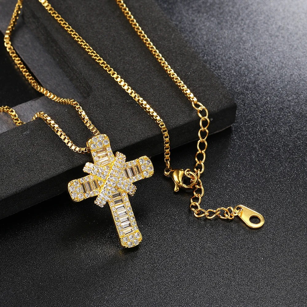 Rapper Hiphop Iced Out CZ Cross Pendant Necklaces for Men Stainless Steel Rope Box Chain on Neck Punk Homme Trend Jewelry OHP142