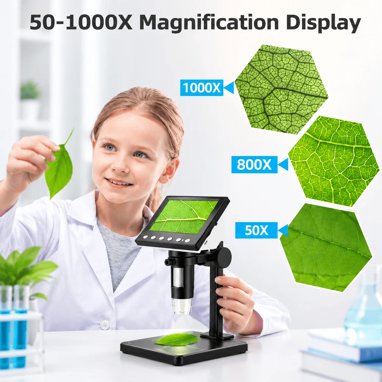 1000X Rechargeable Digital Microscope, 4.3-Inch LCD Screen, 1080P Imaging, 8 Adjustable LEDs, 32GB Memory Card Included, Black ABS Body, for Science Teaching, Circuit Board and Fabric Inspection, and Home Observation