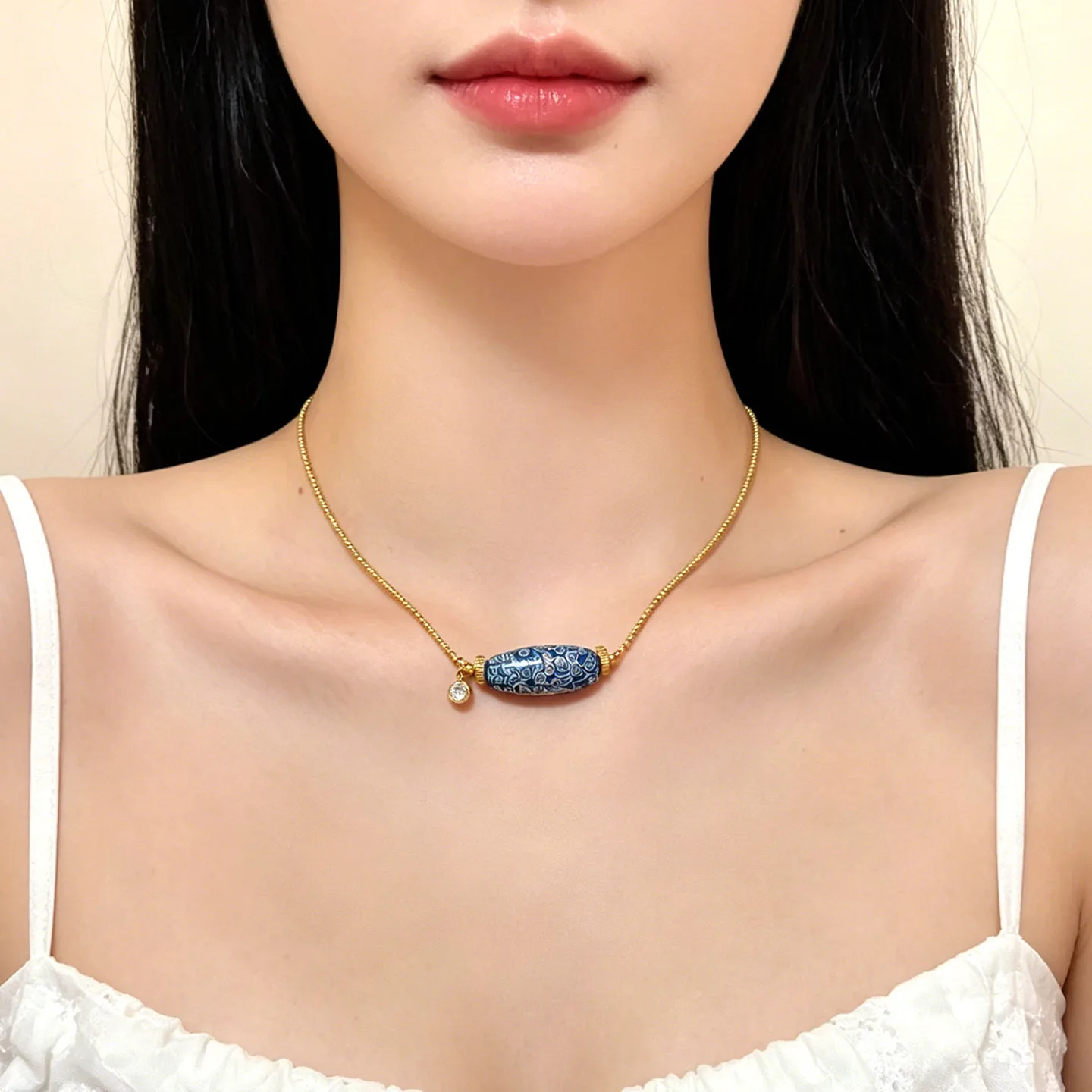 Tibetan famous style handmade intangible cultural heritage retro large lacquer dzi bead pendant necklace female new Chinese styl