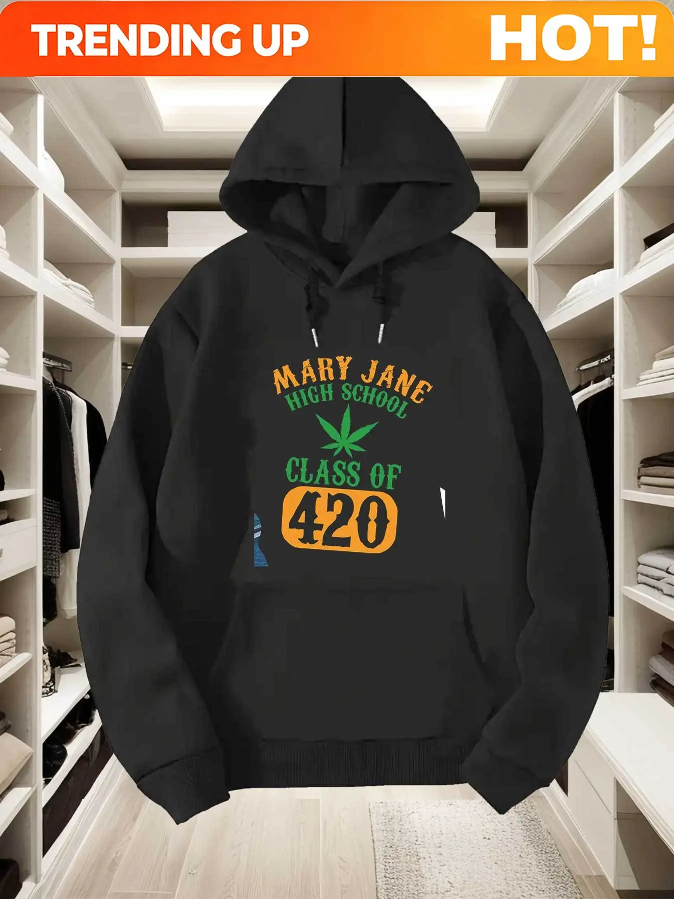 Customization Men's Leaf Print Sweatshirt - Class 420 Design With Leaf & Number 420 Graphics, Front Pocket, Machine Washable, Ma