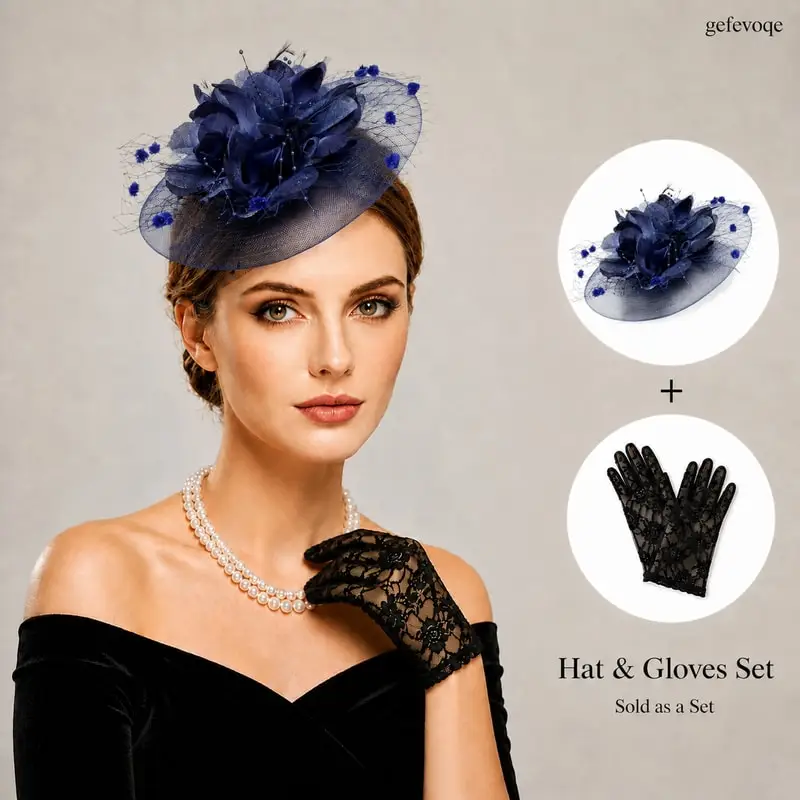 

2PCS Women Formal Fascinator Hat with Lace Gloves Set Elegant Flower Birdcage Veil Headwear for Bridal Derby Tea Party Accessory