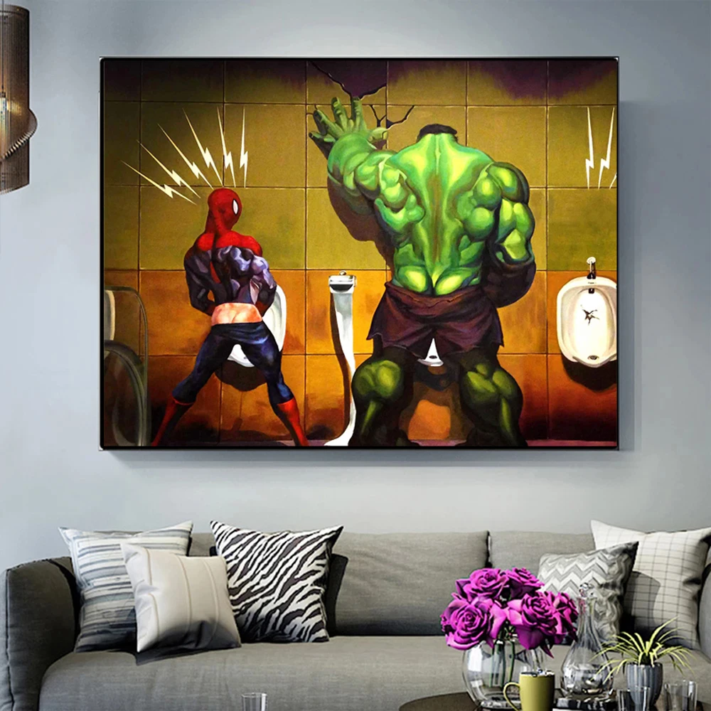 Pintura en lienzo de superhéroe divertido para decoración de pared de baño, póster de Spiderman, Hulk, Thor en el inodoro, imagen de decoración de