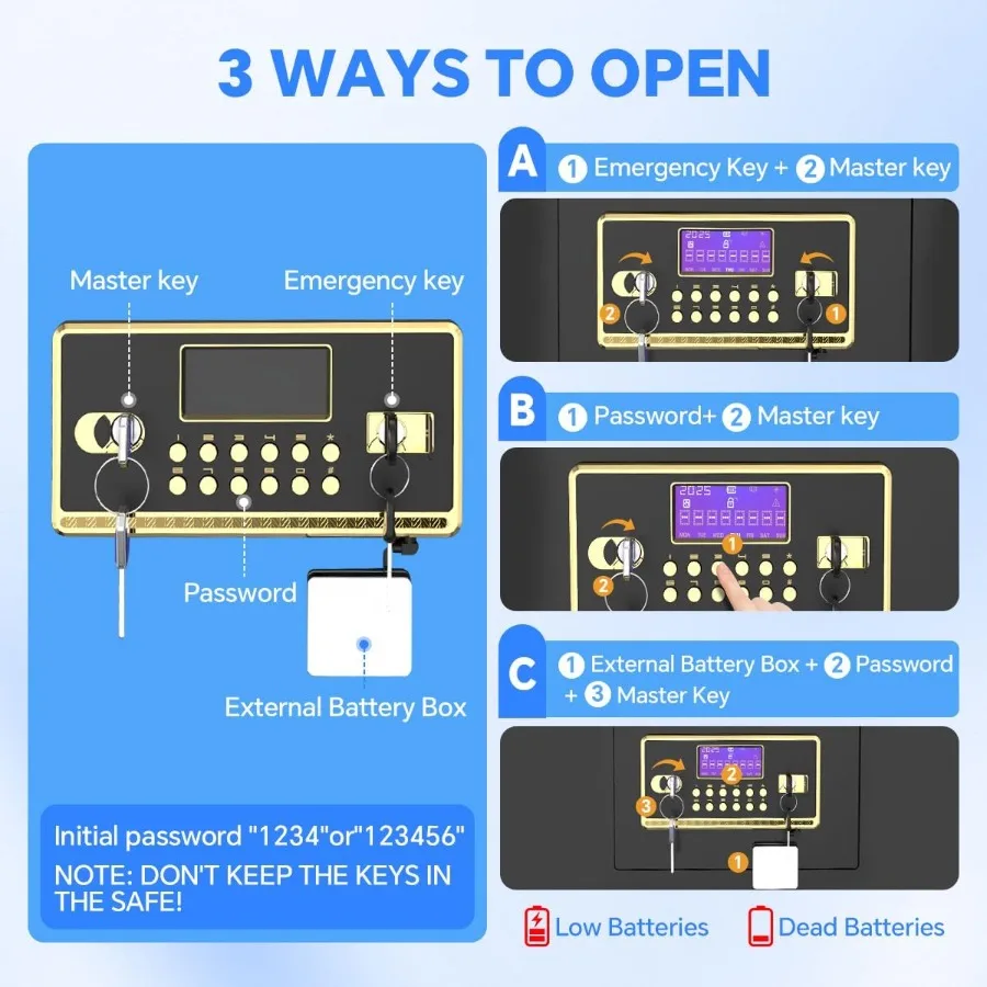 Home Safe mit digitalem Tastatur-Alarmsystem für die Schmuck- und Bargeldaufbewahrung mit verstellbaren Regalen, LED-Licht, feuerfest und wa