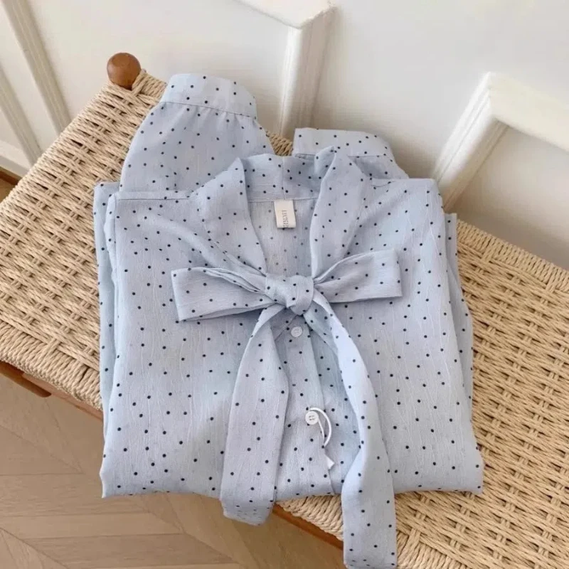 Blue Bow Lacing Chiffon Elegant Blouse Women Clothing Spring New Long Sleeve Polka Dot Print Fashion Shirt Tops Vintage Casual