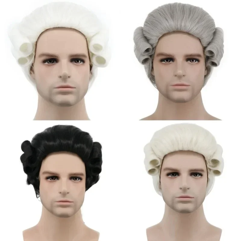 Mens Lawyer Judge Baroque Wig Cosplay Curly Wigs Deluxe Historical Long Wig For Halloween Party White BlacK Grey Beige