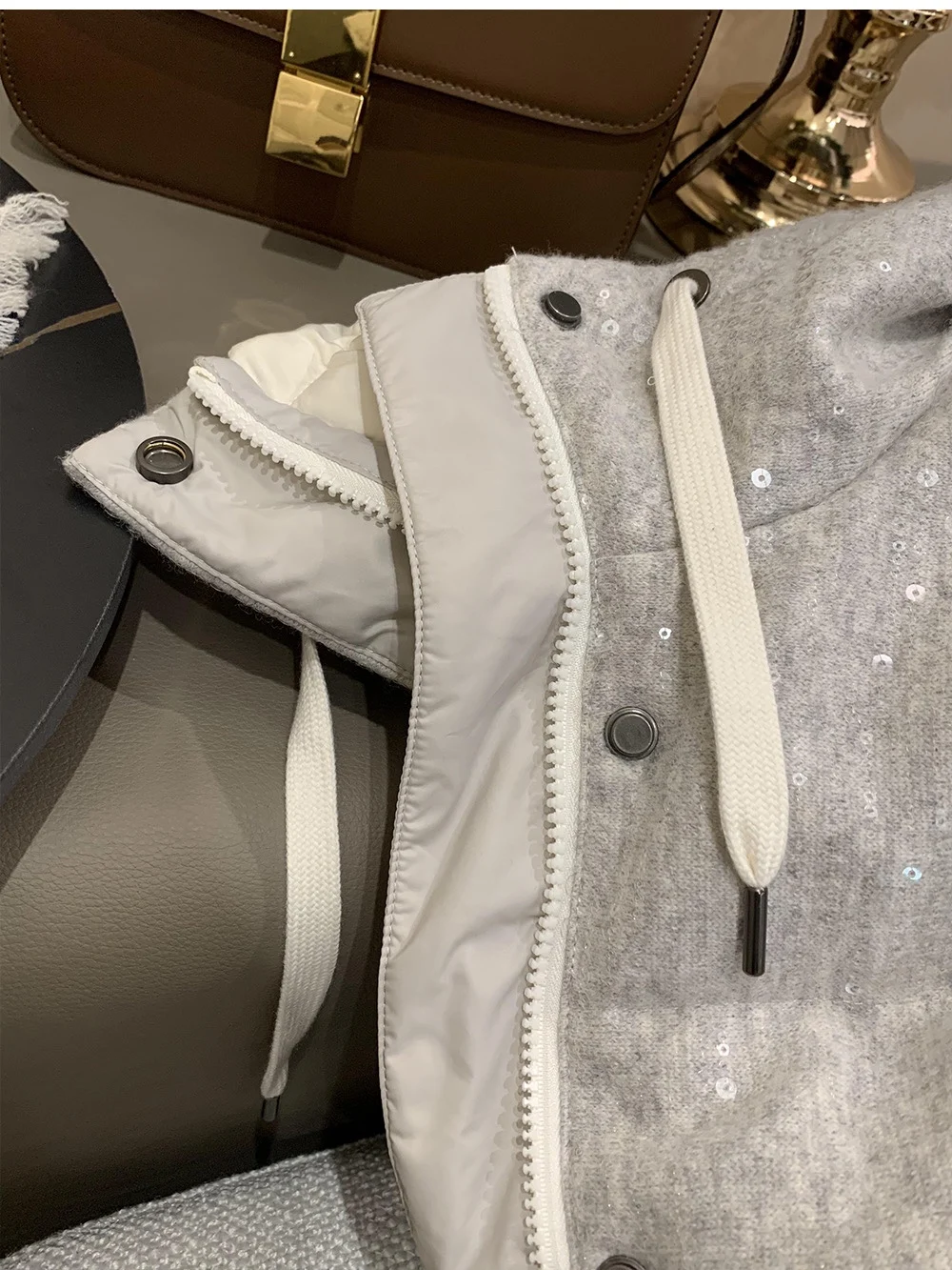 Heavy Sequined Cashmere Knitted Goose Down Jacket For Women With Hood, All-Match, Loose, Light And Warm Down Jacket