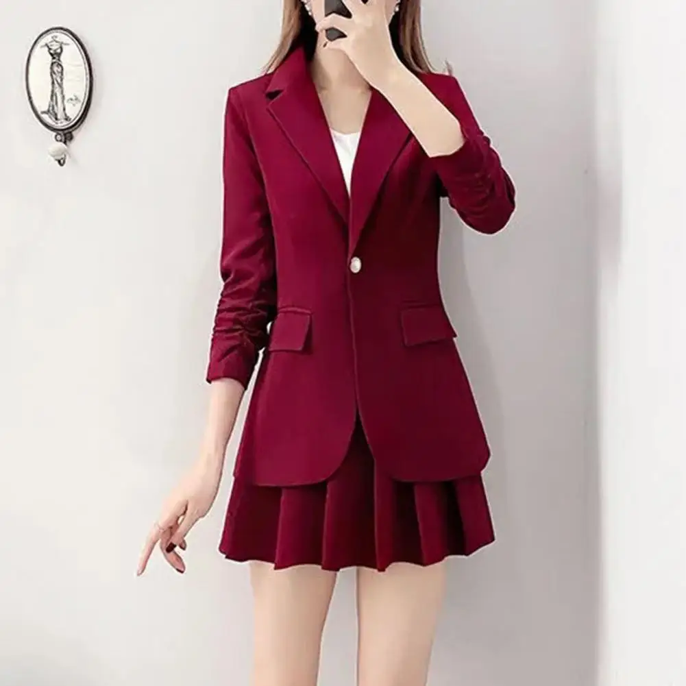 Long-sleeve Jacket Short Skirt Set Women's Commuting Style 2pcs/set Suit with Long-sleeved Jacket Pleated Mini Skirt Solid Color