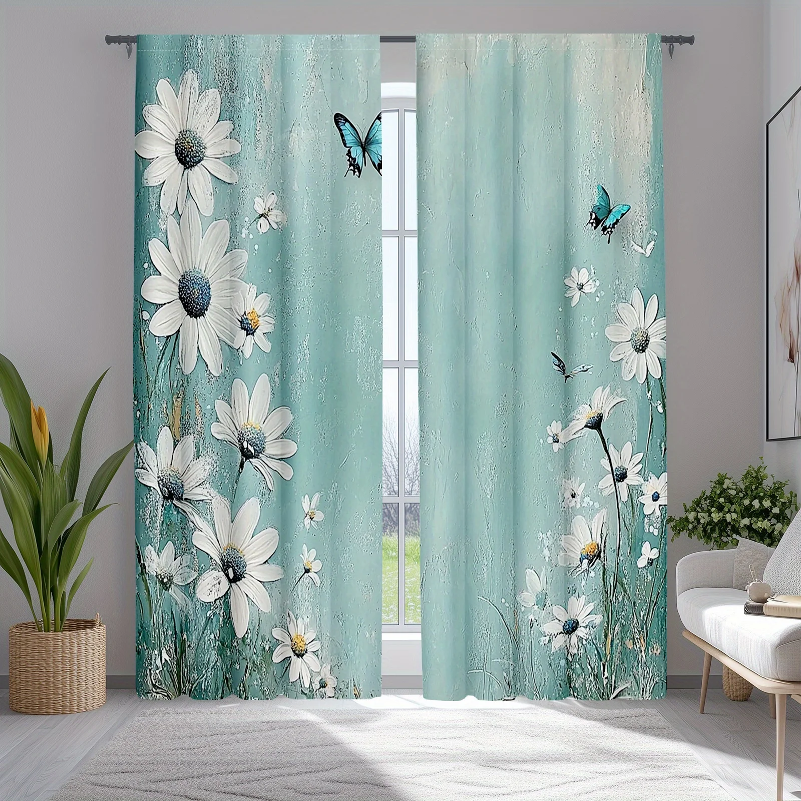 

2pcs Rustic Turquoise Daisy Kitchen Curtains, Small Short Floral Window Drapes with Vintage Butterfly Design