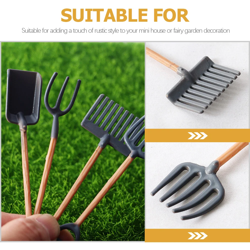Set di mini attrezzi agricoli da 4 pezzi, giocattoli da giardino per bambini, mini pala per rastrello, accessori per casa delle bambole, decorazioni per il giardino delle fate, set da gioco