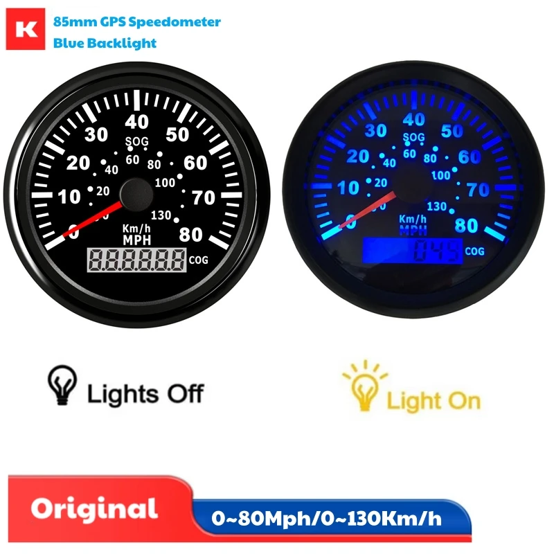 

85mm 0-130Km/H Show GPS Speedometers 0-80MPH Black Speed Indicators with GPS Antenna Blue Backlight for Car Ship Truck Yacht