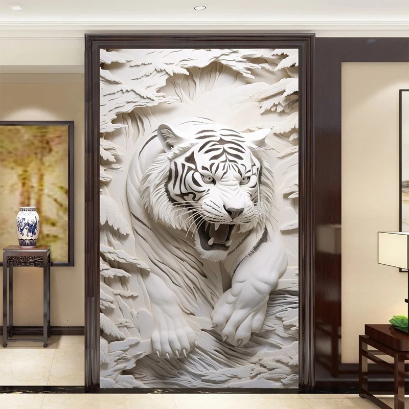 Modern 3D Embossed White Tiger Wall Mural Extra Large Fierce Animal Wallpaper for Living Room Entrance Corridor Home Art Decor
