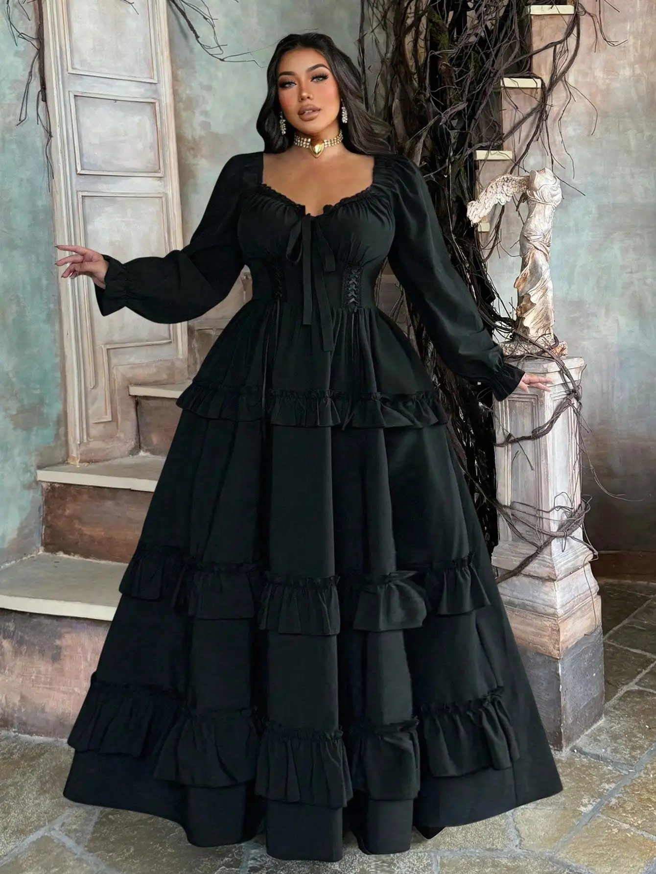 

Готическое платье макси с рюшами и длинными рукавами, винтажный средневековый панк-стиль, большие размеры для осени, зимы, весны